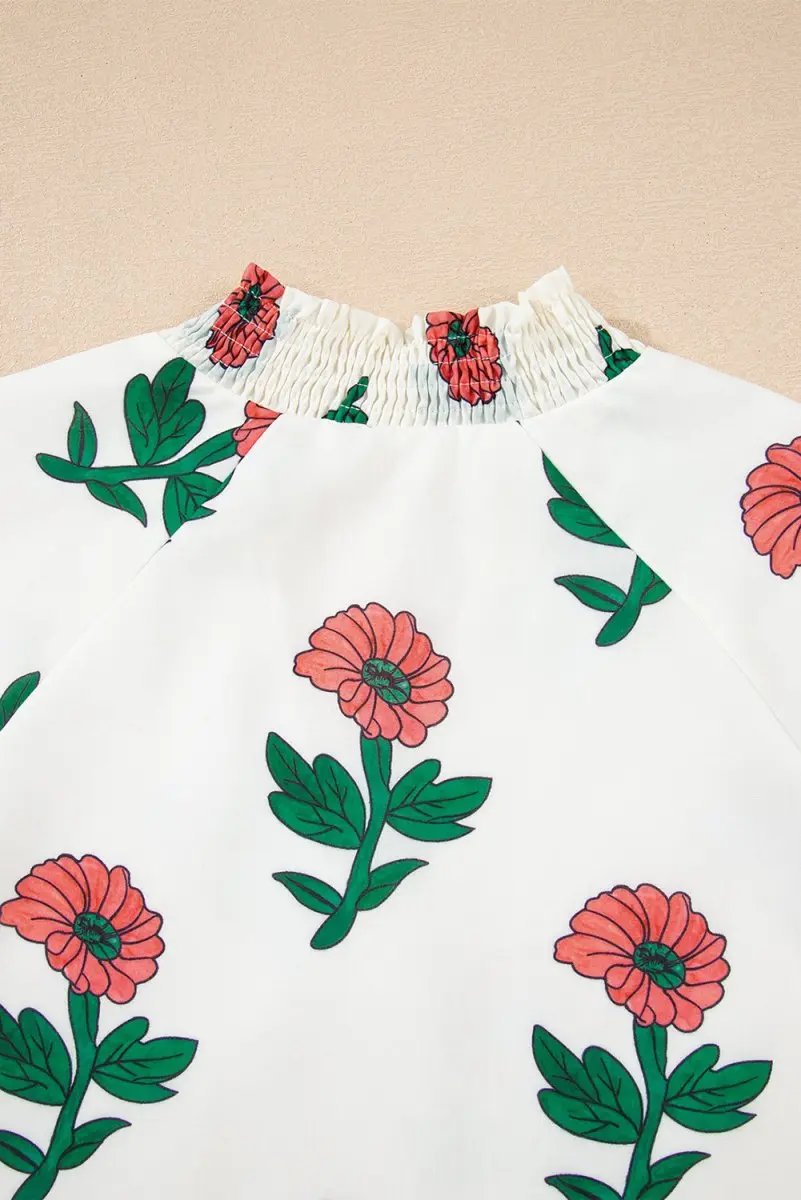 Beige Floral Print Shirred Split Neck Short Sleeve Blouse for Women - Love Salve